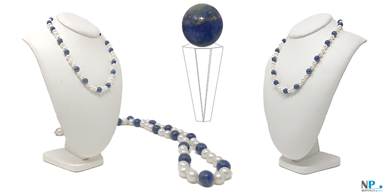 Collana di perle di coltura d'acqua dolce bianche e perle semi-preziose lapislazzuli